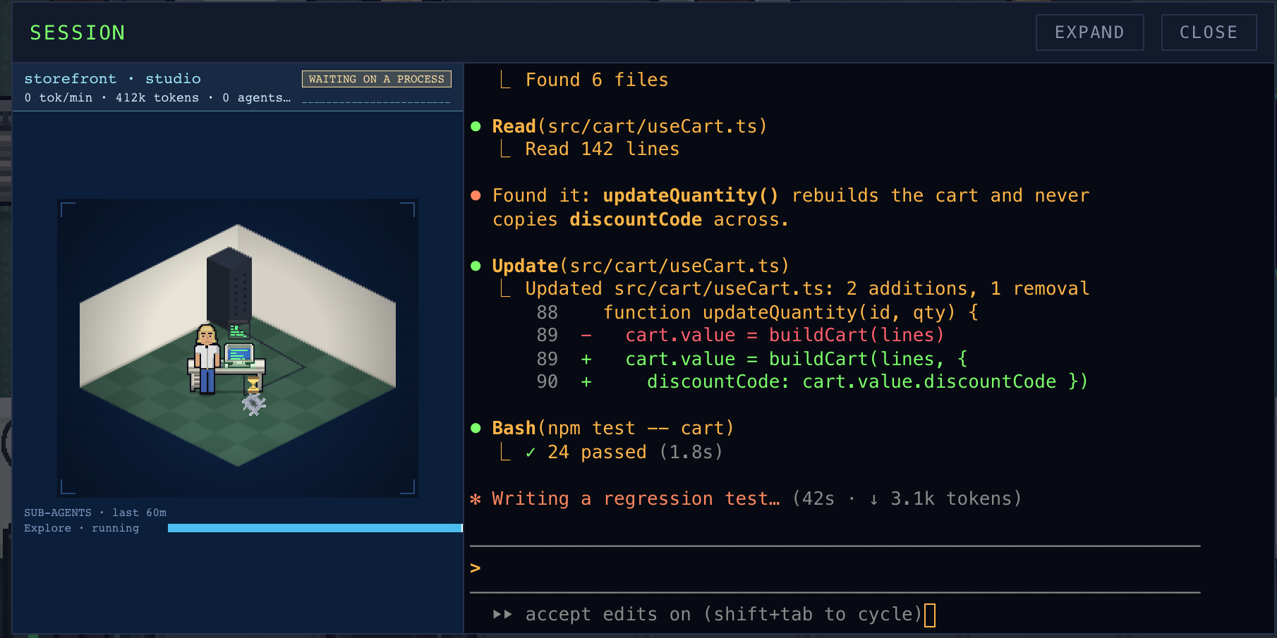 One Claude Code session opened from the office: its terminal beside a diorama of its desk