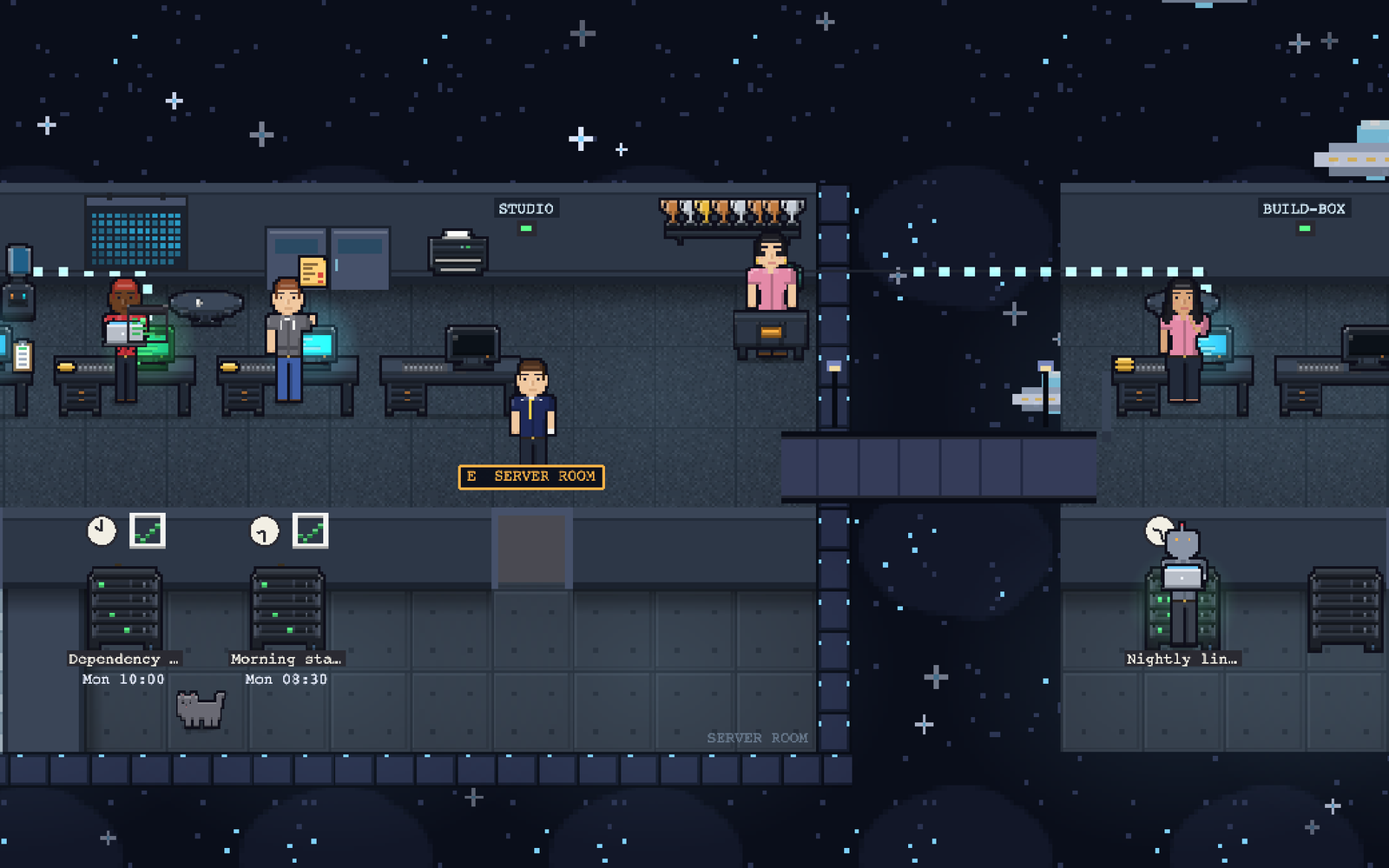 The demo office in the Midnight theme: two buildings of workers at their desks, floating among the stars