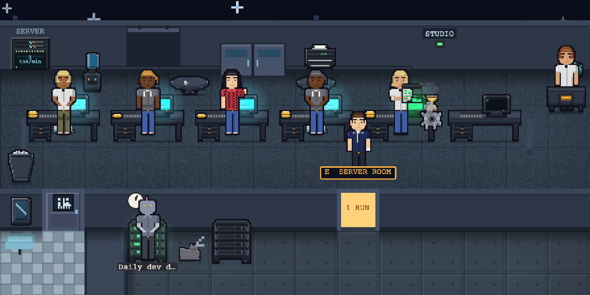 The office in the Midnight theme: blue-black walls, slate carpet, cyan terminals and a starfield outside